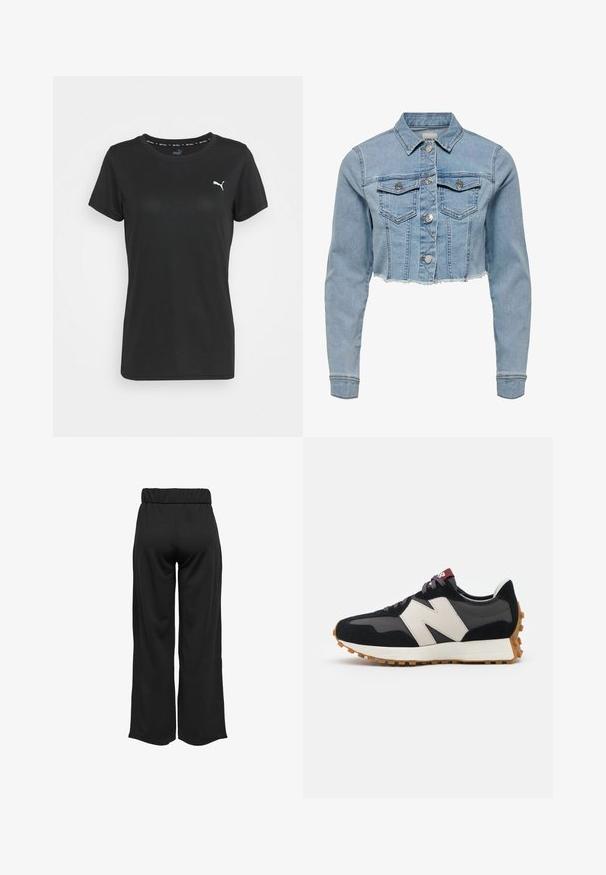 Krótkowana kurtka dżinsowa w jasnoniebieskim kolorze. Posiada klasyczny kołnierzyk, zapinanie na guziki, dwie kieszenie na piersi oraz postrzępiony dół. Wykonana z miękkiej bawełny.; Czarna, krótka koszulka z okrągłym dekoltem, wykonana z teksturowanej tkaniny. Posiada małe białe logo Puma na lewej stronie klatki piersiowej.; Czarne, szerokie spodnie z elastycznym pasem, wykonane z gładkiego materiału. Charakteryzują się prostym wzornictwem, bez kieszeni i widocznych szwów.; Czarno-szare zamszowe sneakersy z dużym kremowym logo "N", purpurowymi sznurówkami i teksturowaną gumową podeszwą.