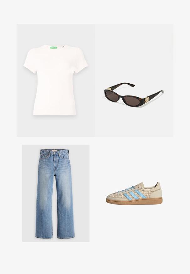 Világoskék, cropped farmerdzseki. Klasszikus gallérral, gombos elülső résszel, két mellzsebbel és rongyos szegéllyel rendelkezik. Puha pamutból készült.; Fehér, rövid ujjú póló, puha anyagból készült, kerek nyakkivágással és zöld címkével a nyaknál. Egyszerű dizájn és testhezálló fazon.; Világoskék farmer, széles szárú nadrág magas derékkal, kopott területekkel, öt zsebbel és kontrasztos varrással. Klasszikus gombos és cipzáras záródás.; Beige színű sneaker, texturált kötött felsőrésszel, világoskék csíkokkal és barna gumitalppal. Kerek fűzőkkel és logó részlettel a szuperén.; Tortából készült napszemüveg, hosszúkás ovális lencsékkel, barna színű árnyalattal, arany logóval a fülkagylón, és karcsú fekete szárakkal.