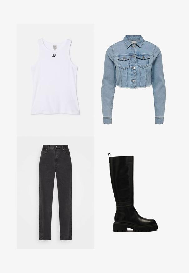 Chaqueta de mezclilla recortada en azul claro. Presenta un cuello clásico, frente abotonado, dos bolsillos en el pecho y dobladillo deshilachado. Fabricada en suave algodón.; Camiseta de algodón blanca sin mangas con escote redondo y tirantes de ancho mediano. Presenta un pequeño logo negro en la zona del pecho. Textura suave.; Vaqueros de mezclilla negra de pierna recta con cintura alta, botón y cremallera en el frente, y estilo de cinco bolsillos sobre un fondo blanco.; Botas de cuero negras hasta la rodilla con un diseño elegante, punta redondeada y suela de goma gruesa con profundas ranuras y una lengüeta en la parte superior.