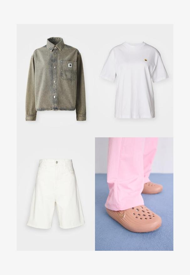 Denim krekls iz izbalējuša gaiši brūna auduma ar priekšējo kabatu, sudraba pogām ar uzspiedi un apkakles kakla izgriezumu. Tekstūrēts audums ar smalkām variācijām.; Balta kokvilnas T-kreklā ar brīvu piegriezumu, īsām piedurknēm un mazu izšūtu logotipu kreisajā krūtīs.; Balti džinsi šorti ar augstu jostasvietu, ar priekšējo pogu aizdari, divām sānu kabatām un brīvu piegriezumu. Gluda tekstūra bez redzamām rakstu apdrukām.; Nike klauzūras brūnā plastikā ar perforācijām, teksturētām malām un zeltītu Swoosh zīmi. Valkātas ar rozā biksēm uz zila grīdas.