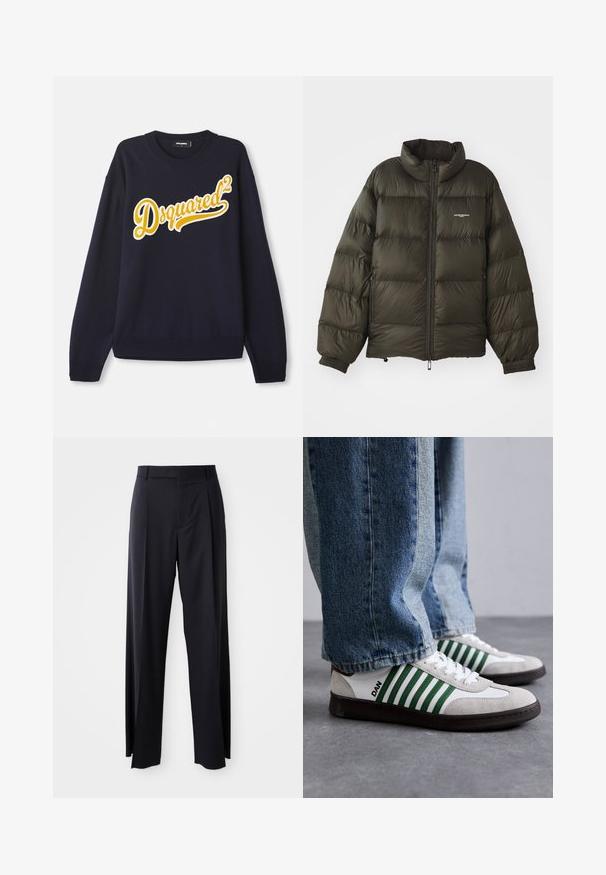 Donkergroene pufferjack met een hoge kraag, ritssluiting, elastische manchetten en zijzakken. Beschikt over een gestikte textuur en minimale branding.; Marineblauwe trui van zachte stof, met een groot geel geborduurd "Dsquared²" logo op de voorkant, ribbelkraag, boorden en zoom.; Zwarte, hooggewaisted broeken met een brede pijp, gemaakt van een gladde stof. Voorzien van voorkanten met plooien en riemlussen. Minimalistisch ontwerp, geen zichtbare hardware.; Witte en groene sneaker van suede en leer, met groene strepen, witte veters en een rubberen zool. Gstyled met blauwe jeans.