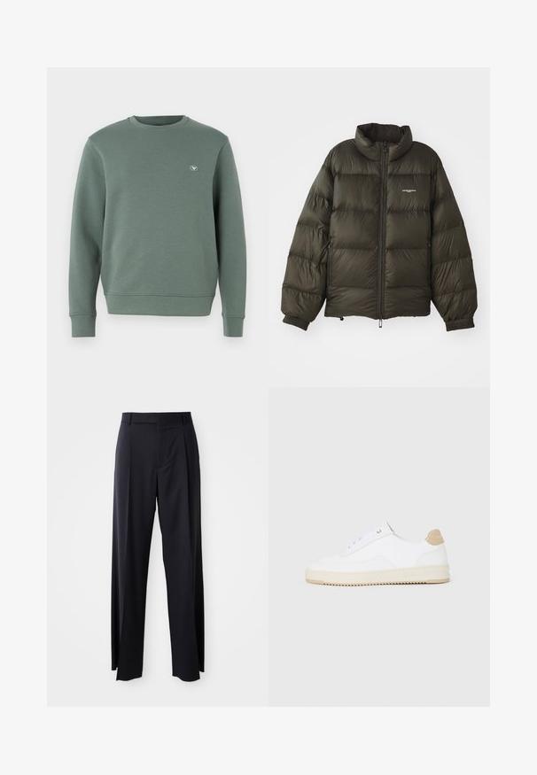 Ciemnozielona kurtka puchowa z wysokim kołnierzem, zapięciem na zamek, elastycznymi mankietami oraz bocznymi kieszeniami. Posiada pikowaną teksturę i minimalne logo.; Zielona bluza z miękkiego polaru, z okrągłym dekoltem, długimi rękawami, ściągaczami przy rękawach oraz małym logo na piersi.; Czarne, wysokie spodnie o szerokim kroju, wykonane z gładkiego materiału. Posiadają zakładki z przodu i paski na pasek. Minimalistyczny design, bez widocznych elementów metalowych.; Białe niskie sneakersy z teksturowanej skórzanej cholewce, kremową żłobioną podeszwą i brązowym akcentem na pięcie. Posiadają białe sznurowadła i detal z logo na pięcie.