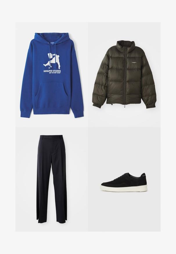 Chaqueta acolchada verde oscuro con cuello alto, cierre de cremallera, puños elásticos y bolsillos laterales. Presenta una textura acolchada y un branding mínimo.; Sudadera azul de mezcla de algodón, con un bolsillo canguro frontal, cordones y una impresión gráfica blanca con el nombre de la marca y el eslogan.; Pantalones negros de tiro alto con corte de pierna ancha, confeccionados en una tela suave. Presenta pliegues en la parte delantera y trabillas para cinturón. Diseño minimalista, sin hardware visible.; Zapatilla de ante negra con diseño de cordones y suela de goma blanca contrastante. Presenta paneles laterales texturizados y un sutil logo en el talón.