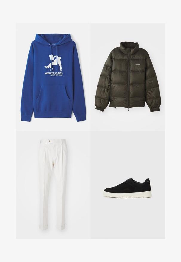 Sötétzöld puffdzseki magas gallérral, cipzáras záródással, elasztikus mandzsettákkal és oldalsó zsebekkel. Steppelt textúrával és minimális logóval rendelkezik.; Kék kapucnis pulóver pamut keverékből, elülső kenguruzsebbel, zsinórral és fehér grafikával, amelyen a márkaneve és a szlogen található.; Fehér, szabott nadrág lapos elülső résszel, két redővel és felgöngyölített szárakkal. Simás anyagból készült, deréknál gombos zárással.; Fekete velúr sportcipő fűzős dizájnnal és kontrasztos fehér gumitalppal. Jellemzői a textúrázott oldalpanelek és a diszkrét logó a sarokon.
