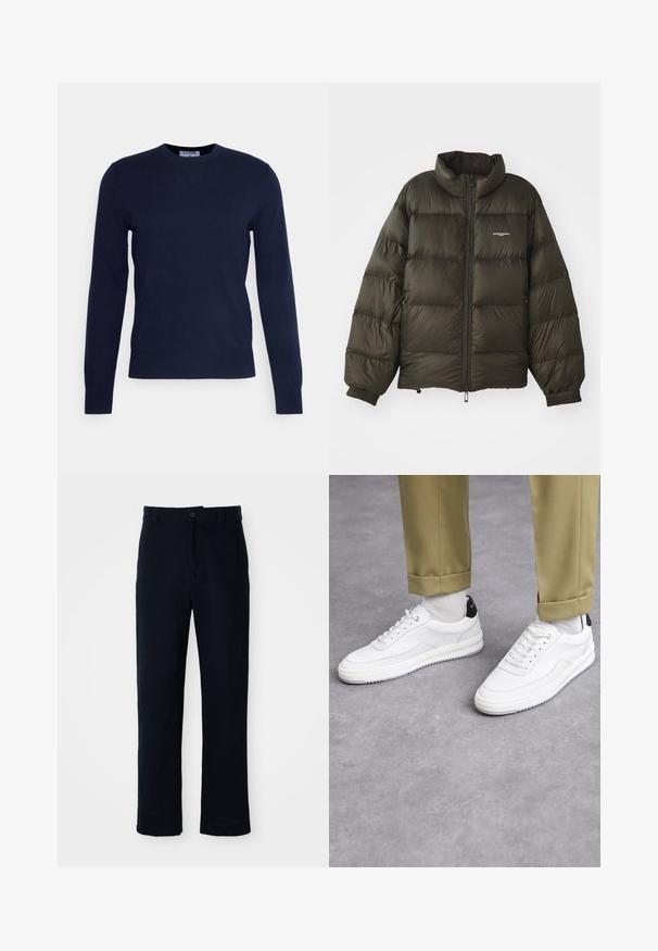 Donkergroene pufferjack met een hoge kraag, ritssluiting, elastische manchetten en zijzakken. Beschikt over een gestikte textuur en minimale branding.; Marineblauwe ronde hals trui van zachte stof, met lange mouwen en een geribbelde zoom. Geen zichtbare patronen of versieringen.; Marineblauwe broeken van katoen, met een recht model, een sluiting met een knoop aan de voorkant en een klassieke tailleband met riemlussen.; Witte sneakers met een textuur van leerafwerkingen, een ronde neus en een zwarte hielaccent. Rubberen zool met een klein profiel en gestikte details.