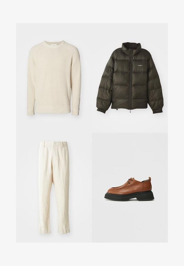Dark green puffer jacket with a high collar, zip closure, elastic cuffs, and side pockets. Features a quilted texture and minimal branding.; Light beige pullover sweater with a ribbed texture, round neckline, and long raglan sleeves. Side slits at the hem for ease of movement.; Beige linen trousers with a loose fit, tapered legs, and a flat front. Features an elastic waistband for comfort and minimal seam detailing.; Brown leather shoe with a rounded toe, lace-up design, and a thick black layered sole. Notable for its structured silhouette and texture.