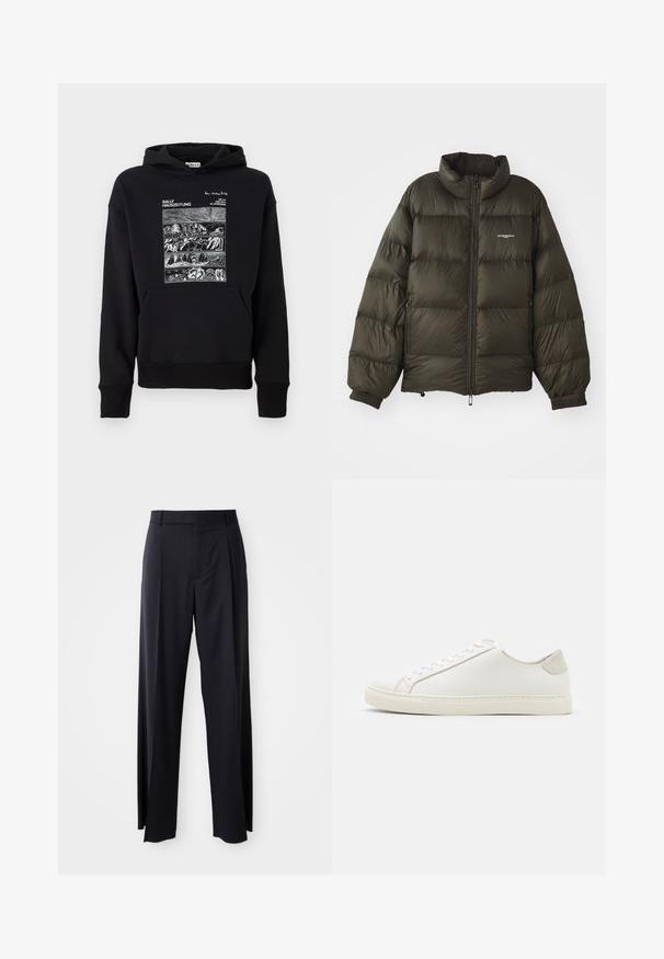 Dark green puffer jacket with a high collar, zip closure, elastic cuffs, and side pockets. Features a quilted texture and minimal branding.; Black hoodie with front white graphic showing four horizontal panels of nature scenes, text "BALLY HAUSZEITUNG," and a kangaroo pocket.; Black, high-waisted trousers with a wide-leg cut, made of smooth fabric. Features front pleats and belt loops. Minimalistic design, no visible hardware.; White leather sneaker with a smooth surface, round toe, and minimalistic design. Features beige accents on the heel and a rubber sole.