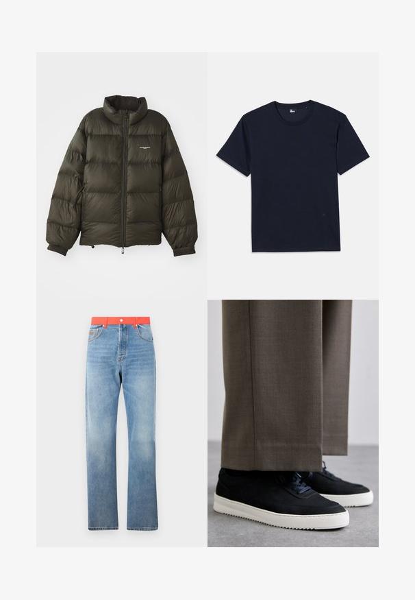 Ciemnozielona kurtka puchowa z wysokim kołnierzem, zapięciem na zamek, elastycznymi mankietami oraz bocznymi kieszeniami. Posiada pikowaną teksturę i minimalne logo.; Granatowa bawełniana koszulka z krótkim rękawem, okrągłym dekoltem i minimalnymi detalami szwów. Prosty design bez widocznych wzorów czy akcentów.; Jasnoniebieskie dżinsy o prostym kroju, z jasnoczerwoną talią oraz standardowym zapięciem na guzik i zamek.; Czarne zamszowe sneakersy z białymi gumowymi podeszwami, z zaokrąglonym noskiem i sznurówkami, noszone z szarymi dopasowanymi spodniami.