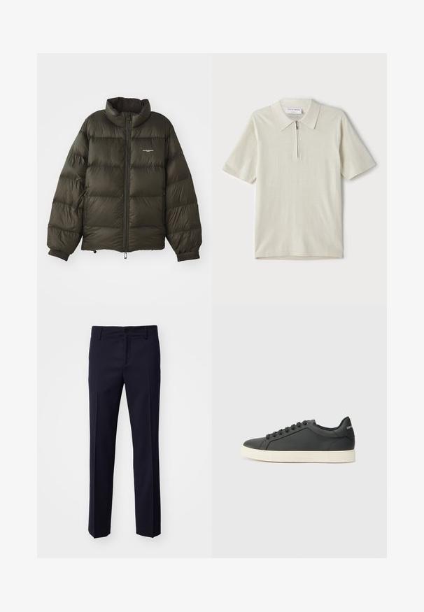 Donkergroene pufferjack met een hoge kraag, ritssluiting, elastische manchetten en zijzakken. Beschikt over een gestikte textuur en minimale branding.; Korte mouwen polo in lichtbeige met een ritskraag. Gemaakt van gladde stof, voorzien van een eenvoudig, modern ontwerp zonder patronen.; Marineblauwe broek met een rechte snit, gemaakt van textuurstof, met een knoopsluiting en riemlussen, zonder zichtbare patronen of accenten.; Zwarte leren sneaker met een laag profiel, ronde neus en vetersluiting; beschikt over een getextureerde rubberen zool en logo-detail op de hiel.