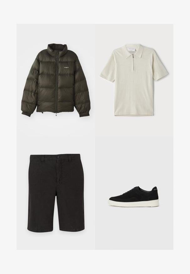 Tume roheline pühi jakk kõrge kraega, lukuga kinnitamine, elastsed mansetid ja küljetaskud. Omab tikanditud tekstuuri ja minimaalset brändingut.; Lühikeste varrukatega polo särk heles beeži värviga, millel on tõmblukk kaeluses. Valmistatud siledast kangast, minimalistlik ja kaasaegne disain ilma mustriteta.; Must mustreid lühikesed püksid nööpidega esikinnitusel, sileda esipinnaga ja sirge lõikega. Kerge kangas, millel on sile viimistlus.; Mustad suede jooksujalatsid, millel on paelad ja kontrastne valge kummitald. Omab tekstuuriga külgpaneele ja tagasihoidlikku brändimist kandadel.