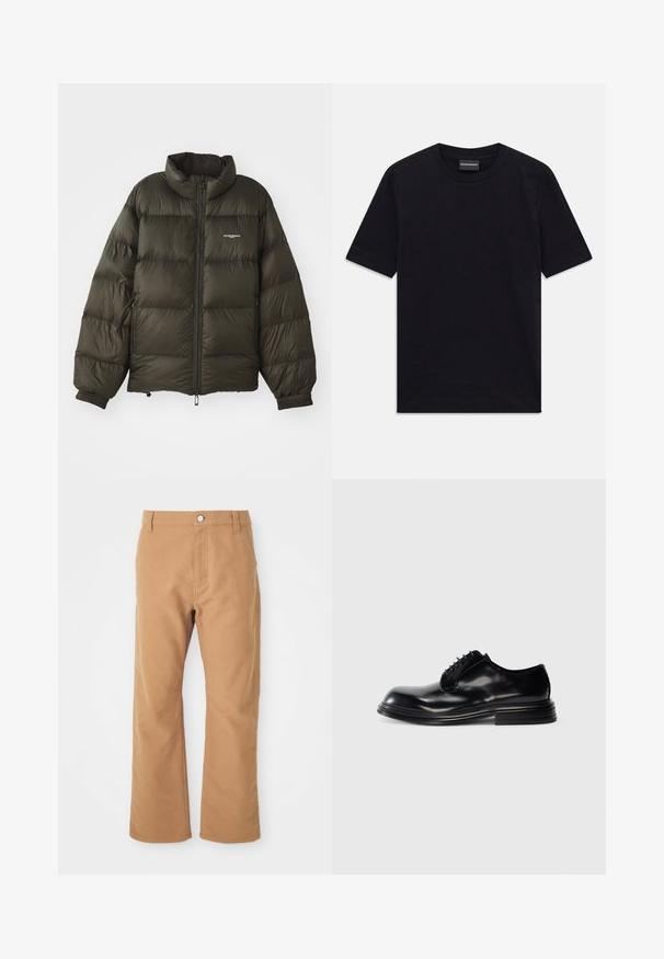 Dunkelgrüne Pufferjacke mit hohem Kragen, Reißverschluss, elastischen Bündchen und Seitentaschen. Verfügt über eine gesteppten Textur und minimalistische Markenkennzeichnung.; Schwarzes kurzärmeliges T-Shirt mit Rundhalsausschnitt und dezentem, geprägtem Muster sowie Markenlabel im Kragen, flach auf weißem Hintergrund ausgelegt.; Braune Baumwollhose mit geradem Bein, ausgestattet mit einem einzelnen Knopfverschluss und dezenten Nähten für zusätzliche Details.; Schwarze Lederdressschuhe mit abgerundeter Zehenpartie, glatter Oberfläche, Schnürdesign und gestapeltem Absatz. Minimalistischer Stil ohne sichtbare Logos.