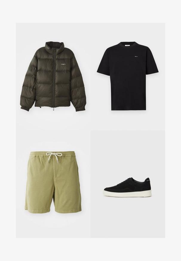 Dunkelgrüne Pufferjacke mit hohem Kragen, Reißverschluss, elastischen Bündchen und Seitentaschen. Verfügt über eine gesteppten Textur und minimalistische Markenkennzeichnung.; Schwarzes T-Shirt mit kurzen Ärmeln und Rundhalsausschnitt, mit kleinem weißen "NN. 07" Logo auf der linken Brust, vor einem weißen Hintergrund präsentiert.; NN.07 GREGOR - Shorts - green; Schwarze Wildleder-Sneaker mit Schnürdesign und kontrastierender weißer Gummisohle. Verfügt über strukturierte Seitenpaneele und dezentes Branding an der Ferse.