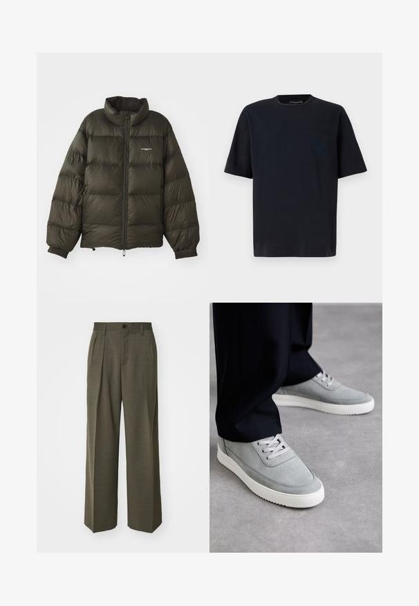 Tume roheline pühi jakk kõrge kraega, lukuga kinnitamine, elastsed mansetid ja küljetaskud. Omab tikanditud tekstuuri ja minimaalset brändingut.; Tumedat puuvillast T-särk ümmarguse kaelusega, lühikeste varrukatega ja taskuga, millel on vasakul rinnal diskreetne 3D logo detail.; Filippa K WIDE TROUSERS - Püksid - driftwood; Halleri siidist tennisetossud valgete kummitaldadega, millel on nööridega disain, ümar varvas ja peened õmblusdetailid, kantud mustade pükstega.