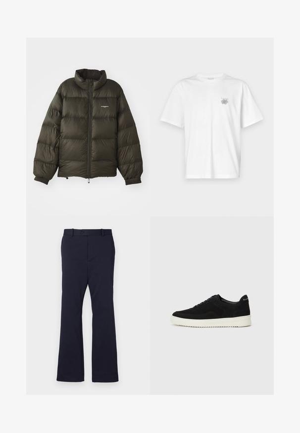 Giacca a vento verde scuro con colletto alto, chiusura zip, polsini elasticizzati e tasche laterali. Presenta una texture trapuntata e un branding minimale.; T-shirt bianca in cotone con maniche corte, colletto tondo e un piccolo logo grigio nella zona sinistra del petto. Texture liscia.; Pantaloni blu navy realizzati in tessuto liscio con una linea dritta, tasche frontali e chiusura con un solo bottone in vita.; Sneaker in suede nero con design con lacci e suola in gomma bianca a contrasto. Presenta pannelli laterali testurizzati e un marchio discreto sul tallone.