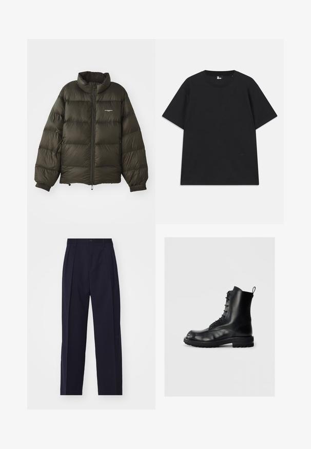Giacca a vento verde scuro con colletto alto, chiusura zip, polsini elasticizzati e tasche laterali. Presenta una texture trapuntata e un branding minimale.; T-shirt nera a maniche corte in cotone, con scollo rotondo e un piccolo logo vicino all'orlo. Tessuto liscio, vestibilità regolare.; Pantaloni blu navy, su misura, con un design a gamba dritta, pieghe sul davanti, chiusura con bottone e senza tasche visibili. Tessuto di texture liscia.; Stivale in pelle nera con lacci, suola spessa e linguetta di trazione su uno sfondo chiaro, vista laterale che mostra lo stivale sinistro.