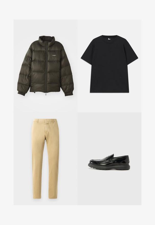 Dark green puffer jacket with a high collar, zip closure, elastic cuffs, and side pockets. Features a quilted texture and minimal branding.; Black short-sleeve t-shirt made of cotton, featuring a round neckline and a small logo detail near the hem. Smooth texture, regular fit.; Beige chinos with a slim fit and smooth cotton fabric. Features a zip fly, belt loops, and minimal stitching details.; Black leather loafer with a glossy finish, rounded toe, subtle stitching details, and a thick rubber sole for durability.