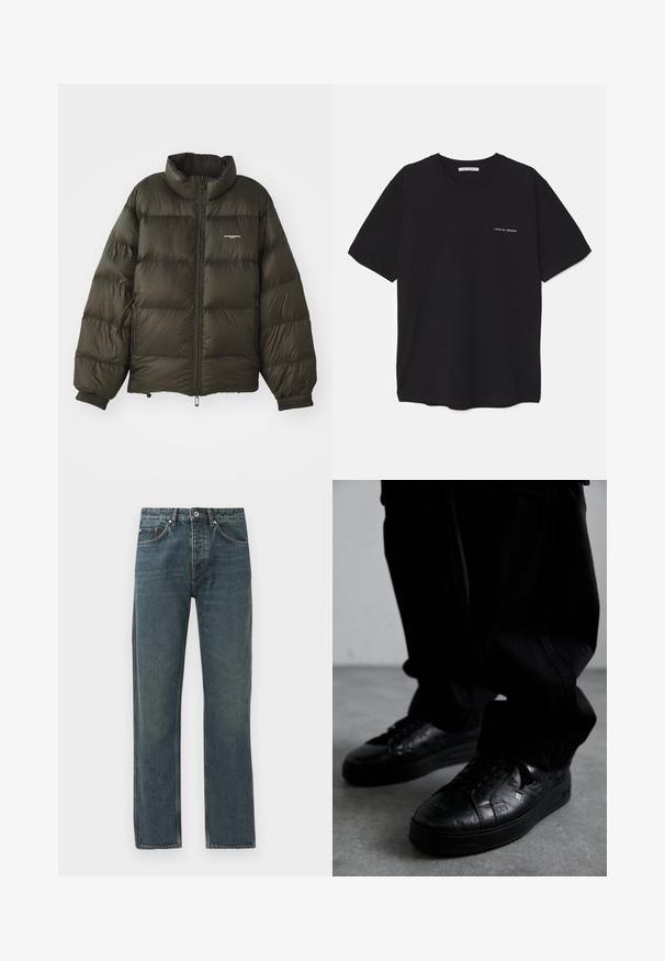 Tmavozelená prešívaná bunda s vysokým golierom, zipsom, elastickými manžetami a bočnými vreckami. Vyznačuje sa prešívanou textúrou a minimálnym brandingom.; Čierne bavlnené tričko s okrúhlym výstrihom, krátkymi rukávmi a bielou potlačou loga na ľavej hrudi. Jednoduchý, jednoliaty dizajn.; Tmavomodré denimové džínsy so rovnými nohavicami, s piatimi vreckami, zapínaním na gombík a kontrastným prešívaním.; Čierne kožené tenisky s textúrovanými vzormi, vybavené gumovou podrážkou a okrúhlou špičkou. Šnúrky sú čierne a dopĺňajú tmavý dizajn obuvi.