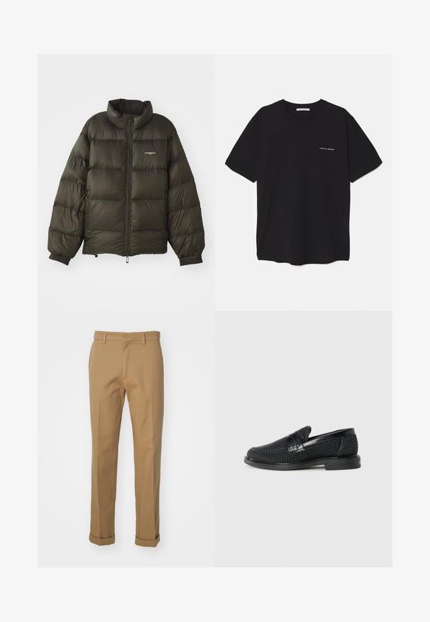 Manteau rembourré vert foncé avec un col haut, fermeture éclair, poignets élastiques et poches latérales. Présente une texture matelassée et un branding minimal.; T-shirt en coton noir avec un col rond, des manches courtes et un logo blanc imprimé sur la poitrine gauche. Design simple, couleur unie.; Pantalon en coton marron avec une coupe droite, doté d'un ourlet roulé, de deux poches avant et d'une texture lisse.; Chaussure slip-on tissée noire avec un accent en cuir lisse sur le dessus, un design à bout rond et une semelle en caoutchouc à profil bas.