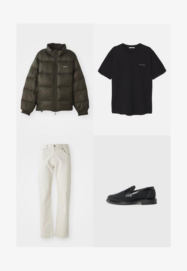 Tamnozeleni puf jakna s visokim ovratnikom, zatvaranjem na zip, elastičnim manžetama i bočnim džepovima. Ima prešanu teksturu i minimalno brendiranje.; Crna pamučna majica s okruglim izrezom, kratkim rukavima i bijelim logotipom otisnutim na lijevoj strani prsnog koša. Jednostavan dizajn u jednoj boji.; Svijetlosmeđi traperice od pamuka, sa ravnim nogavicama, pet džepova i zatvaranjem na srebrni metalni gumb.; Crne pletene cipele bez pertli s glatkim kožnim naglaskom na gornjem dijelu, s dizajnom okruglog nosa i niskoprofilnom gumenom đonom.
