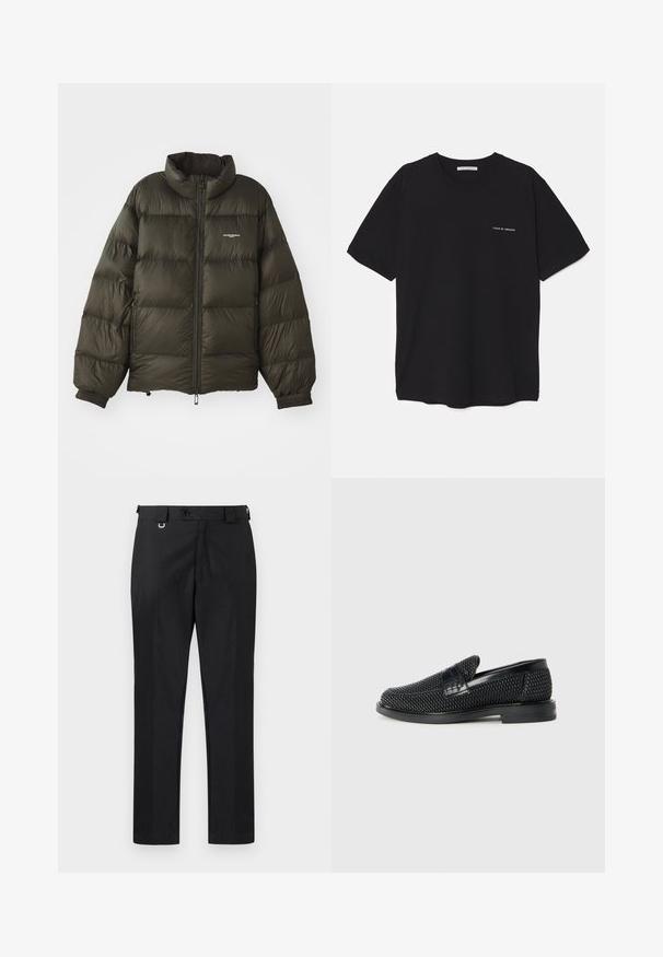 Dark green puffer jacket with a high collar, zip closure, elastic cuffs, and side pockets. Features a quilted texture and minimal branding.; Black cotton T-shirt with a crew neck, short sleeves, and a white logo print on the left chest. Simple, solid color design.; Black tailored trousers with a straight-fit cut, featuring a button closure and belt loops. Smooth texture with minimal detailing.; Black woven slip-on shoe with a smooth leather accent on the upper, a round toe design, and a low-profile rubber sole.
