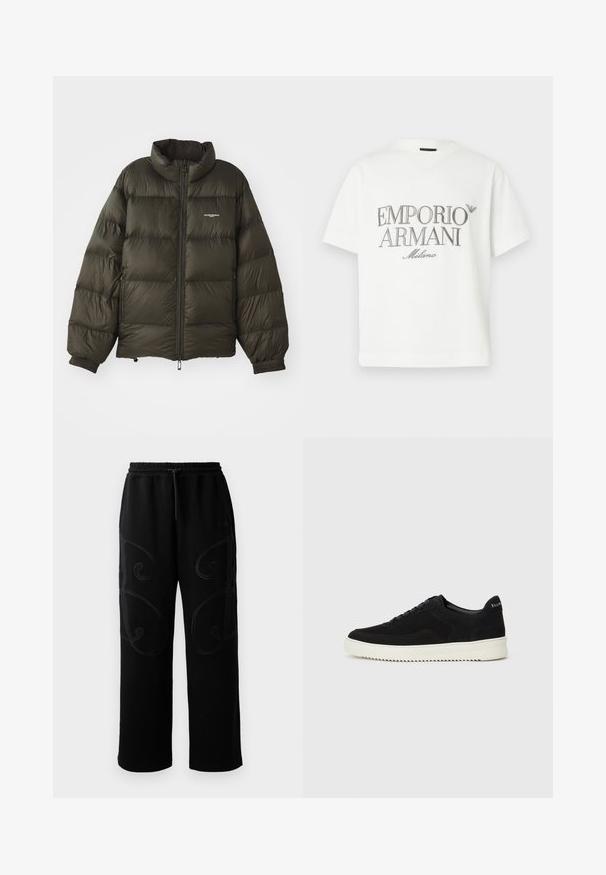 Dark green puffer jacket with a high collar, zip closure, elastic cuffs, and side pockets. Features a quilted texture and minimal branding.; White cotton t-shirt featuring a large grey "Emporio Armani Milano" logo on the front and a small logo on the upper left side.; Black sweatpants with a relaxed fit, featuring intricate swirling stitching patterns along the sides and an elastic waistband with drawstring.; Black suede sneaker with lace-up design and contrasting white rubber sole. Features textured side panels and subtle branding on the heel.