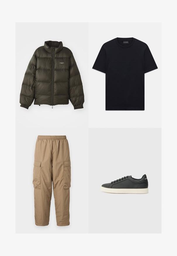 Tumši zaļš pūkains jaka ar augstu apkakli, rāvējslēdzēju, elastīgām aprocēm un sānu kabatām. Tam ir quilted (izšūta) tekstūra un minimāls zīmols.; Melnas īsām piedurknēm T-krekls ar apaļu kakla izgriezumu, ar smalku iepresētu logotipa dizainu krūšu centrā un zīmola etiķeti apakšā kaklā.; Kaki kravas bikses ar elastīgu jostasvietu, divām sānu kabatām, vieglu, strukturētu audumu un brīvu piegriezumu ar sašaurinātiem potīšu galiem.; Melna ādas kedas ar zemu profilu, noapaļotu purngalu un savelkamu aizdari; ar teksturētu gumijas zoli un logotipa detaļu uz papēža.