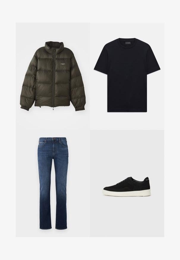 Temno zelena napihnjena jakna z visokim ovratnikom, zadrgo, elastiko na manšetah in stranskimi žepi. Ima prešito teksturo in minimalno oznako.; Črna kratka majica s kratkimi rokavi z okroglim izrezom, z diskretno embosirano logotipno zasnovo, ki je osredotočena na prsih, ter oznako blagovne znamke znotraj ovratnika.; Temno modri kavbojki s ravnim krojem, narejeni iz denima. Imajo klasičen pet-pocket dizajn, šivane šive in enojno gumbno zapiranje.; Črni semiš teniški copati z vezalkami in kontrastnim belim gumijastim podplatom. Imajo teksturirane stranske panele in subtilno oznako na peti.