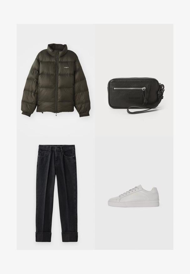 Dark green puffer jacket with a high collar, zip closure, elastic cuffs, and side pockets. Features a quilted texture and minimal branding.; Navy blue cotton t-shirt with a round neck, short sleeves, and a subtle gradient design transitioning from lighter to darker shades.; Black denim jeans with a relaxed fit, featuring rolled cuffs and embossed branding on the hem. Classic five-pocket design with contrasting stitching.; Light gray leather sneaker with a smooth texture, rounded toe, flat rubber sole, and tonal laces. Features minimal branding in gold.; Black leather clutch with textured surface, front zip pocket, and detachable wrist strap. Features a logo patch on the front. Rectangular shape.