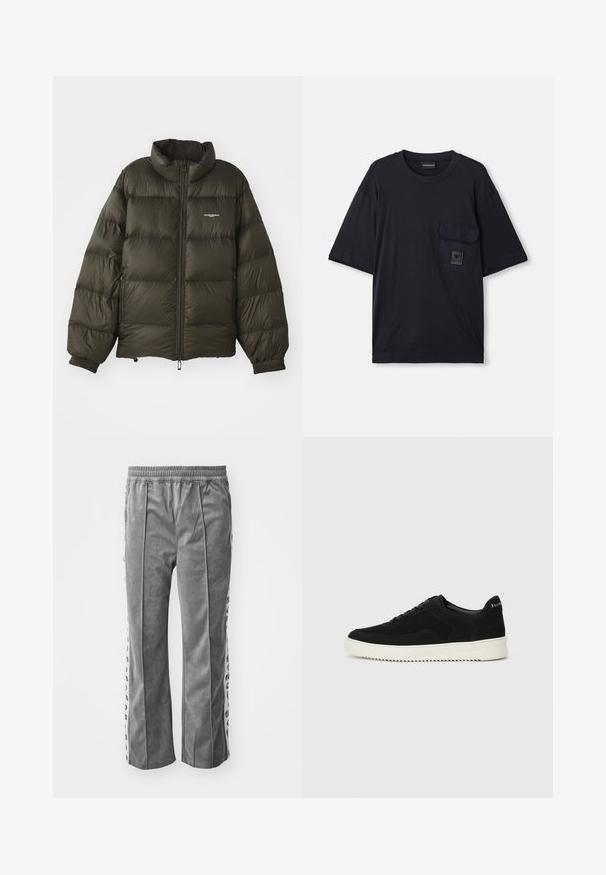 Tumši zaļš pūkains jaka ar augstu apkakli, rāvējslēdzēju, elastīgām aprocēm un sānu kabatām. Tam ir quilted (izšūta) tekstūra un minimāls zīmols.; Melnas īsām piedurknēm kreklu ar apaļu kakla izgriezumu un kabatu uz kreisā krūšu, kas ļauj redzēt nelielu taisnstūra formas logo plāksteri.; Pelēkas velūra bikses ar elastīgu jostu, ar sānu svītrām un grafiskajiem printiem. Platas kājas, gluda tekstūra un bez kabatām.; Melnas zamšas kedas ar auklām un kontrastējošu baltu gumijas zoli. Iekļauj teksturētas sānu panēles un diskretu zīmolu uz papēža.