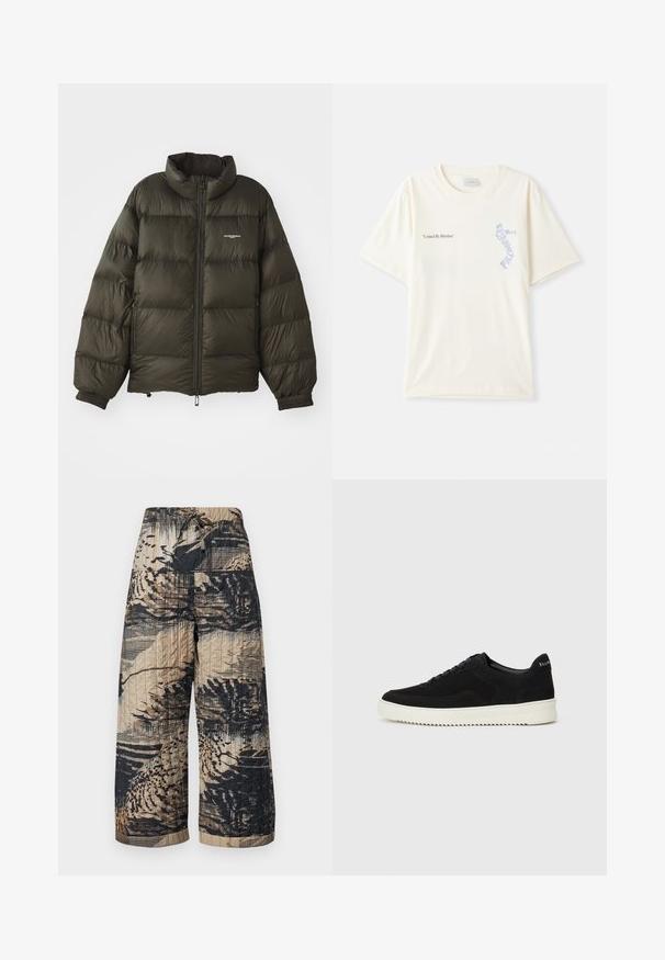 Tummanvihreä puffatakki, jossa on korkea kaulus, vetoketjukiinnitys, joustavat hihansuut ja sivutaskut. Ominaisuuksiin kuuluu tikattu pinta ja vähäinen brändäys.; Valkoinen puuvillainen t-paita lyhyillä hihoilla, jossa on "United By Rhythm" -teksti mustana ja sinisenä grafiikkana rinnassa. Pyöreä kaulus.; Beige ja musta värvi tikkitud laiad püksid, millel on abstraktsed mustrid ja nööriga vöökoht. Tekstureeritud pind koos horisontaalsete joontega.; Mustat mokkakengät nauhoilla ja kontrastivalkoisella kumipohjalla. Varustettu teksturoiduilla sivupaneeleilla ja huomaamattomalla brändäyksellä kantapäässä.