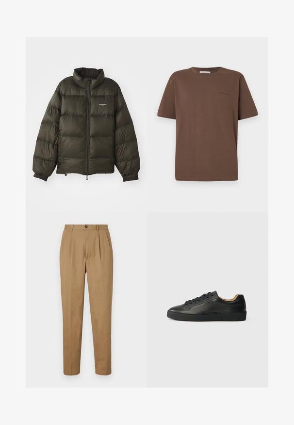 Jachetă pufosă de culoare verde închis, cu guler înalt, închidere cu fermoar, manșete elastice și buzunare laterale. Prezintă o textură matlasată și un branding minimal.; Tricou din bumbac brun cu guler rotund, mâneci scurte și un logo mic imprimat pe față. Textură de țesătură plată, croială lejeră.; Pantaloni plisati crem cu croi drept, realizați dintr-un material neted. Se caracterizează printr-un sistem de închidere cu buton frontal și buzunare laterale.; Sneaker din piele neagră, cu călcâi jos, având o suprafață texturată, șireturi negre și un toc gros din cauciuc, prezentat din lateral pe un fundal deschis.