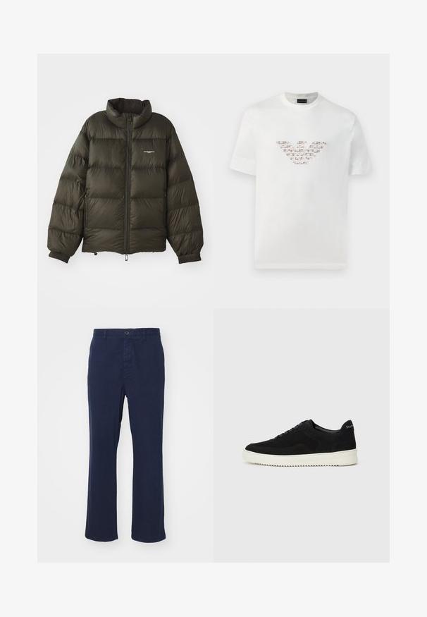 Jachetă pufosă de culoare verde închis, cu guler înalt, închidere cu fermoar, manșete elastice și buzunare laterale. Prezintă o textură matlasată și un branding minimal.; T-shirt alb din bumbac, cu mâneci scurte și decolteu rotund. Prezintă un design al logo-ului central în nuanțe de roz și maro.; Pantaloni din bumbac de culoare albastru închis, cu un design drept, având un închizător frontal cu buton și buzunare laterale. Textură netedă cu detalii minime.; Adidași negri din suede cu design cu șireturi și talpă din cauciuc alb contrastant. Prezintă panouri laterale texturate și branding subtil pe toc.