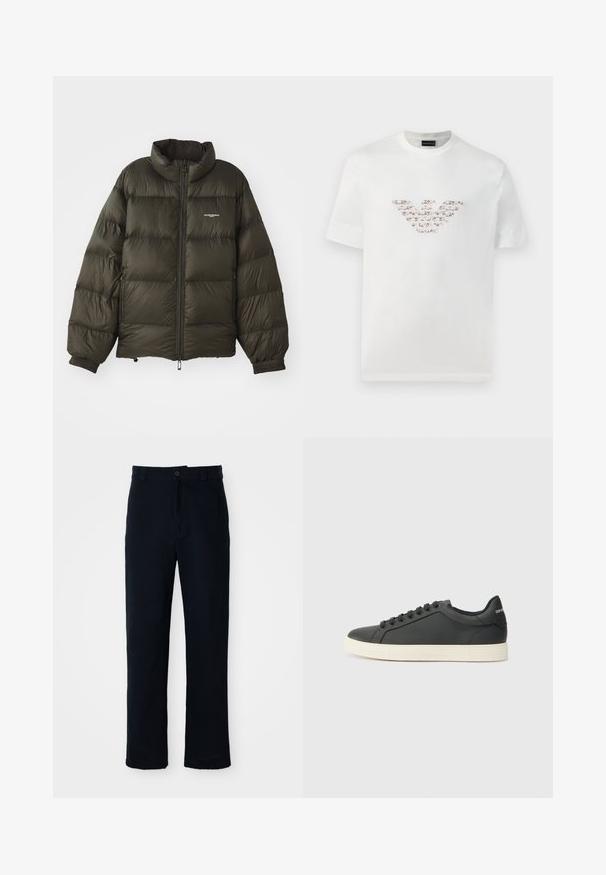 Dark green puffer jacket with a high collar, zip closure, elastic cuffs, and side pockets. Features a quilted texture and minimal branding.; White cotton t-shirt with short sleeves and a crew neckline. Features a central logo design in pink and brown shades.; Navy blue trousers made of cotton, featuring a straight-leg design, a front button closure, and classic waistband with belt loops.; Black leather sneaker with a low profile, rounded toe, and lace-up closure; features a textured rubber sole and logo detail on the heel.