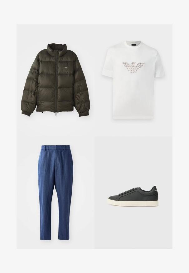 Tummanvihreä puffatakki, jossa on korkea kaulus, vetoketjukiinnitys, joustavat hihansuut ja sivutaskut. Ominaisuuksiin kuuluu tikattu pinta ja vähäinen brändäys.; Valkoinen puuvillapaita lyhyillä hihoilla ja pyöreällä kaula-aukkolla. Sisältää keskitetyn logosuunnittelun vaaleanpunaisissa ja ruskeissa sävyissä.; Laivastonsiniset pellavahousut, joissa on rento istuvuus, joustava vyötärö ja kapenevat lahkeet. Ominaisuuksiin kuuluu sileä pinta ja vähäiset ompeluseikat.; Musta nahkakenkä, jossa on matala profiili, pyöreä kärki ja nauhakiinnitys; siinä on tekstiilipohja ja logoyksityiskohta kantapäässä.