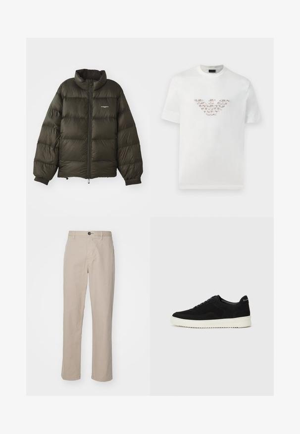 Dark green puffer jacket with a high collar, zip closure, elastic cuffs, and side pockets. Features a quilted texture and minimal branding.; White cotton t-shirt with short sleeves and a crew neckline. Features a central logo design in pink and brown shades.; Beige straight-leg trousers in lightweight fabric, featuring a button closure and subtle stitching details. Flat front with side pockets.; Black suede sneaker with lace-up design and contrasting white rubber sole. Features textured side panels and subtle branding on the heel.