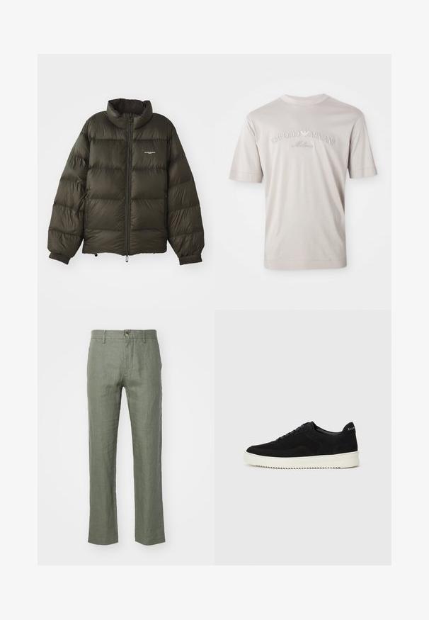 Manteau rembourré vert foncé avec un col haut, fermeture éclair, poignets élastiques et poches latérales. Présente une texture matelassée et un branding minimal.; T-shirt beige clair à manches courtes en tissu doux, avec un logo brodé "Emporio Armani Milano" dans une teinte légèrement plus foncée.; Pantalons en lin vert olive légers avec une jambe droite, dotés d'une fermeture à bouton et d'une finition texturée. Aucune poche visible.; Baskets en daim noir avec un design à lacets et une semelle en caoutchouc blanc contrastant. Comprend des panneaux latéraux texturés et un logo subtil sur le talon.