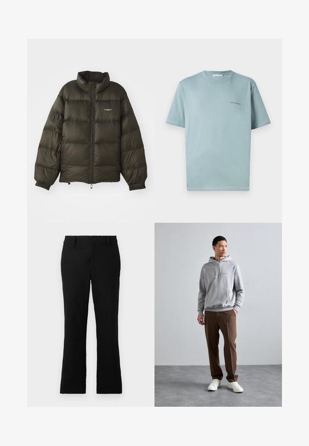 Manteau rembourré vert foncé avec un col haut, fermeture éclair, poignets élastiques et poches latérales. Présente une texture matelassée et un branding minimal.; T-shirt en coton bleu clair avec un col rond, des manches courtes et un petit logo "TIGER OF SWEDEN" sur la poitrine gauche. Texture lisse.; Pantalons évasés noirs en tissu mélangé coton, dotés d'une fermeture à bouton, de passants de ceinture et d'une texture lisse sans motifs visibles.; Un sweat à capuche gris avec une poche avant, un cordon de serrage à la capuche et un logo bleu. Porté avec un pantalon marron et des baskets blanches sur une surface grise lisse.