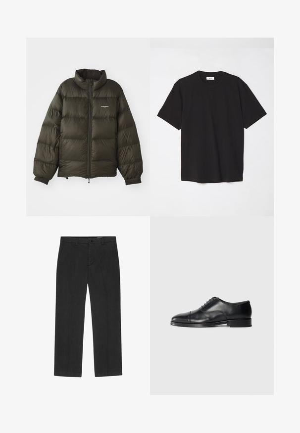Donkergroene pufferjack met een hoge kraag, ritssluiting, elastische manchetten en zijzakken. Beschikt over een gestikte textuur en minimale branding.; Zwarte katoenen t-shirt met een ronde hals, korte mouwen en een ontspannen pasvorm. Eenvoudig ontwerp, gladde textuur en geen zichtbare patronen of logo's.; Zwarte broek met een recht gesneden ontwerp, gemaakt van een lichtgewicht stof. Voorzien van voorzakken en een knoopsluiting. Gladde textuur.; Zwarte leren dresschoenen met een ronde neus, een gladde textuur, vetersluiting en een subtiele naaddetail, met een lage, platte hak.