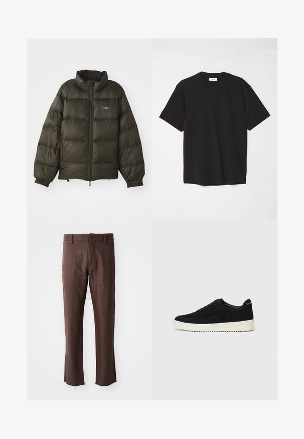Giacca a vento verde scuro con colletto alto, chiusura zip, polsini elasticizzati e tasche laterali. Presenta una texture trapuntata e un branding minimale.; T-shirt in cotone nero con colletto a girocollo, maniche corte e vestibilità comoda. Design semplice, texture liscia e senza motivi o loghi visibili.; Pantaloni in lino marroni con una texture liscia, caratterizzati da una linea dritta, tasche frontali, passanti per cintura e una chiusura con un singolo bottone in vita.; Sneaker in suede nero con design con lacci e suola in gomma bianca a contrasto. Presenta pannelli laterali testurizzati e un marchio discreto sul tallone.