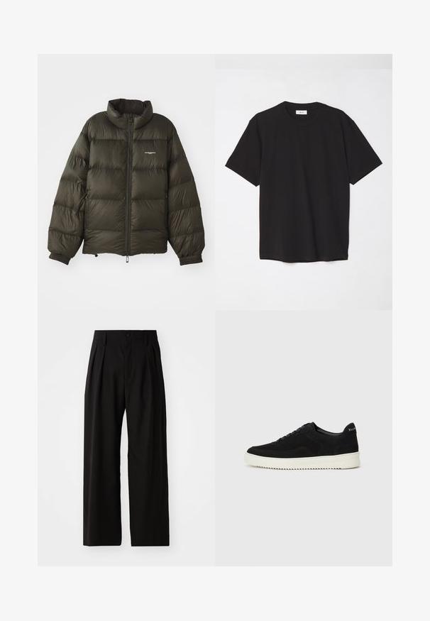 Manteau rembourré vert foncé avec un col haut, fermeture éclair, poignets élastiques et poches latérales. Présente une texture matelassée et un branding minimal.; T-shirt en coton noir avec un col ras du cou, des manches courtes et une coupe décontractée. Design simple, texture lisse, sans motifs ni logos visibles.; Pantalons larges noirs avec une texture lisse, dotés de deux plis avant, d'une fermeture à bouton et de poches latérales. Tissu durable.; Baskets en daim noir avec un design à lacets et une semelle en caoutchouc blanc contrastant. Comprend des panneaux latéraux texturés et un logo subtil sur le talon.