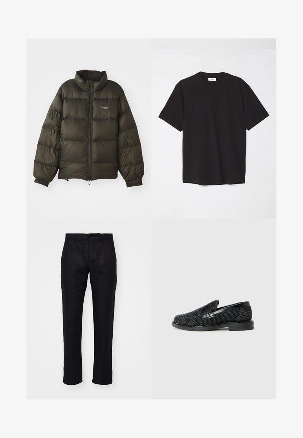 Dunkelgrüne Pufferjacke mit hohem Kragen, Reißverschluss, elastischen Bündchen und Seitentaschen. Verfügt über eine gesteppten Textur und minimalistische Markenkennzeichnung.; Schwarzes Baumwoll-T-Shirt mit Rundhalsausschnitt, kurzen Ärmeln und lockerer Passform. Einfaches Design, glatte Textur und keine sichtbaren Muster oder Logos.; NN.07 THEO - Stoffhose - black; Schwarzer geflochtener Slipper mit einem glatten Lederakzent im Obermaterial, einem runden Zehendesign und einer flachen Gummisohle.