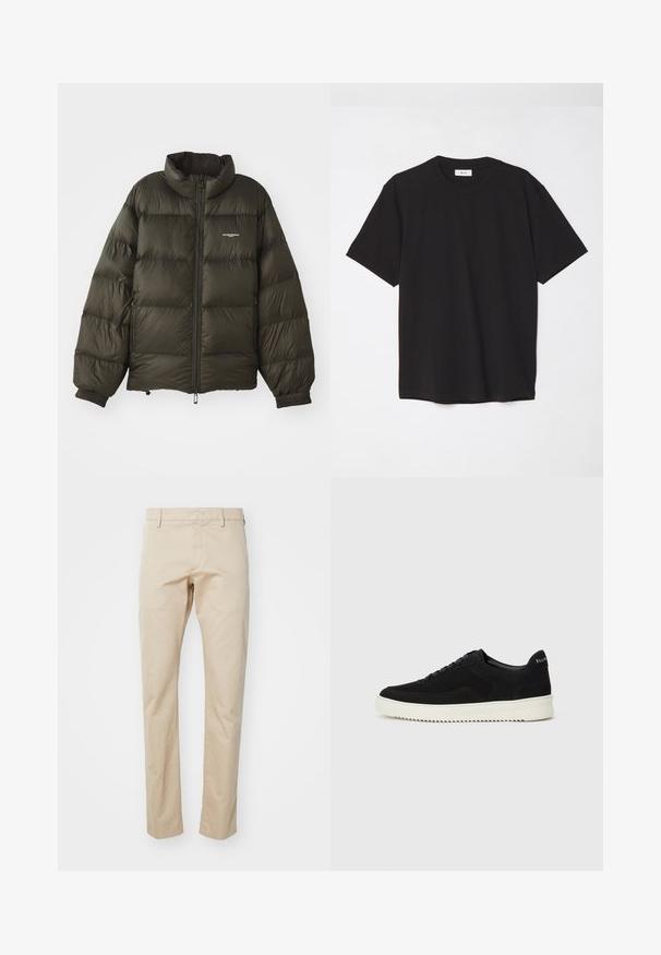 Dark green puffer jacket with a high collar, zip closure, elastic cuffs, and side pockets. Features a quilted texture and minimal branding.; Black cotton t-shirt with a crew neck, short sleeves, and a relaxed fit. Simple design, smooth texture, and no visible patterns or logos.; Beige cotton chinos with a straight leg design, featuring a flat front and belt loops. Smooth texture and minimal detailing.; Black suede sneaker with lace-up design and contrasting white rubber sole. Features textured side panels and subtle branding on the heel.