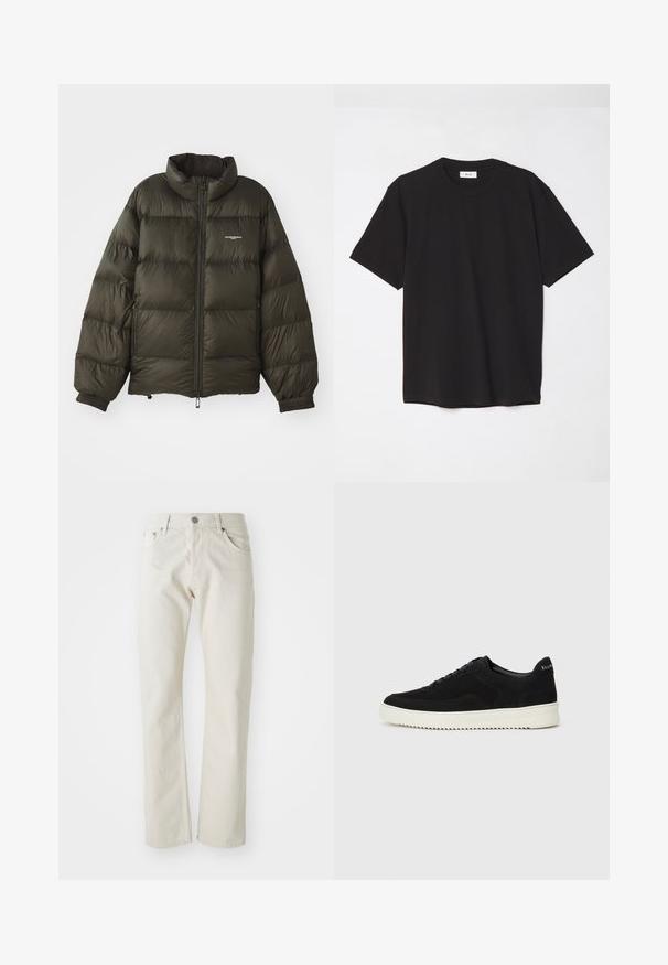 Tume roheline pühi jakk kõrge kraega, lukuga kinnitamine, elastsed mansetid ja küljetaskud. Omab tikanditud tekstuuri ja minimaalset brändingut.; Must must t-särk, millel on ümmargune kaelus, lühikesed varrukad ja lõdva soe. Lihtne disain, sile tekstuur ja nähtamatud mustrid või logod.; Heled helebežžinised, mis on valmistatud puuvillast, sirge jala disainiga, viie taskuga ja hõbedase metallist nööbiga sulgemisega.; Mustad suede jooksujalatsid, millel on paelad ja kontrastne valge kummitald. Omab tekstuuriga külgpaneele ja tagasihoidlikku brändimist kandadel.