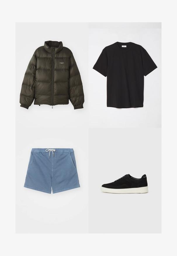 Manteau rembourré vert foncé avec un col haut, fermeture éclair, poignets élastiques et poches latérales. Présente une texture matelassée et un branding minimal.; T-shirt en coton noir avec un col ras du cou, des manches courtes et une coupe décontractée. Design simple, texture lisse, sans motifs ni logos visibles.; NN.07 GREGOR - Short - blue; Baskets en daim noir avec un design à lacets et une semelle en caoutchouc blanc contrastant. Comprend des panneaux latéraux texturés et un logo subtil sur le talon.