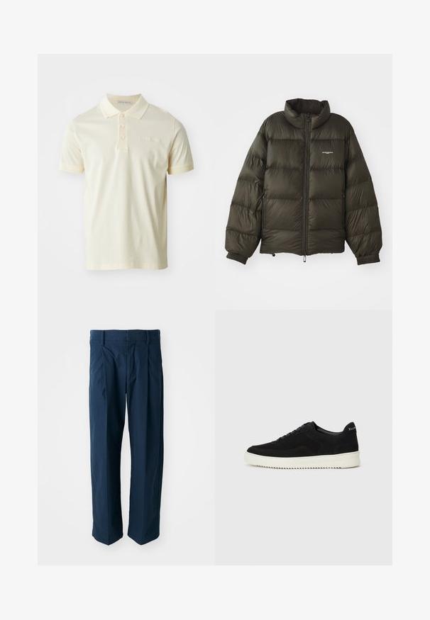 Chaqueta acolchada verde oscuro con cuello alto, cierre de cremallera, puños elásticos y bolsillos laterales. Presenta una textura acolchada y un branding mínimo.; Polo en amarillo pálido, hecho de algodón suave. Presenta un cuello clásico, tapeta de tres botones y mangas cortas. Logo de la marca sutil en el pecho.; Pantalones azul marino de algodón, con un corte relajado, pliegues delanteros y una cintura plana con trabillas para cinturón.; Zapatilla de ante negra con diseño de cordones y suela de goma blanca contrastante. Presenta paneles laterales texturizados y un sutil logo en el talón.