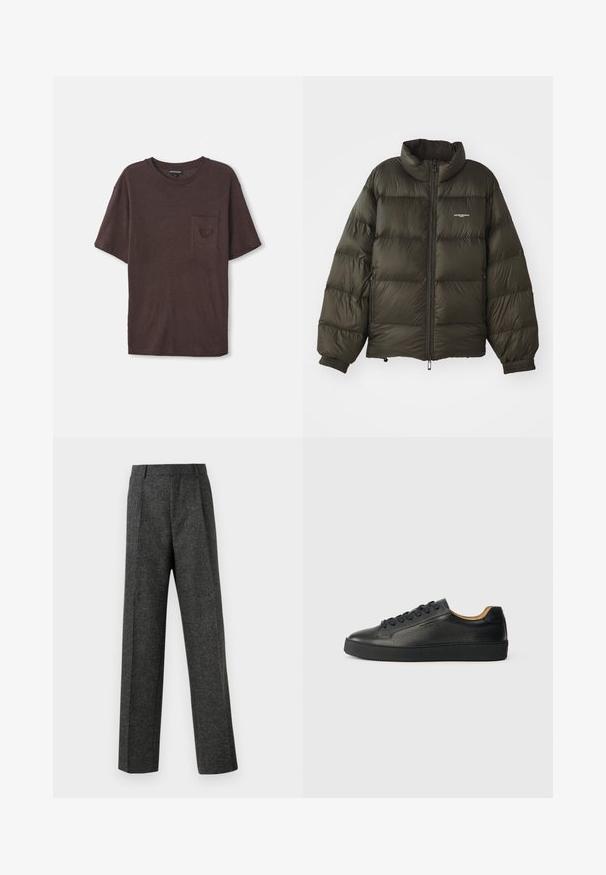 Sötétzöld puffdzseki magas gallérral, cipzáras záródással, elasztikus mandzsettákkal és oldalsó zsebekkel. Steppelt textúrával és minimális logóval rendelkezik.; Barna, rövid ujjú póló, puha, texturált anyagból készült, bal oldalon kis zsebbél és kerek nyakkivágással.; Szürke, texturált anyagból készült, szabott nadrág, két elülső pliszével és egyenes lábbal. Nincsenek látható zsebek vagy díszítések.; Fekete, alacsony szárú bőr sneaker, texturált felszínnel, fekete fűzőkkel és vastag gumi talppal, oldalnézetből, világos háttér előtt.
