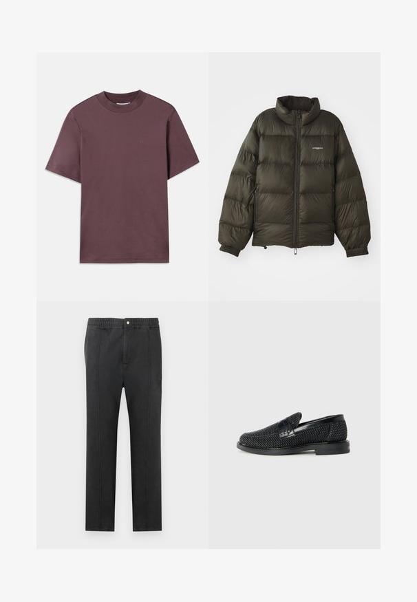 Dark green puffer jacket with a high collar, zip closure, elastic cuffs, and side pockets. Features a quilted texture and minimal branding.; Short-sleeve, crew neck t-shirt in dark mauve, made of soft cotton. Features minimal branding in matching color on the front.; Black pants with an elastic waistband, flat front, two side pockets, and decorative stitching. No visible patterns or hardware details.; Black woven slip-on shoe with a smooth leather accent on the upper, a round toe design, and a low-profile rubber sole.