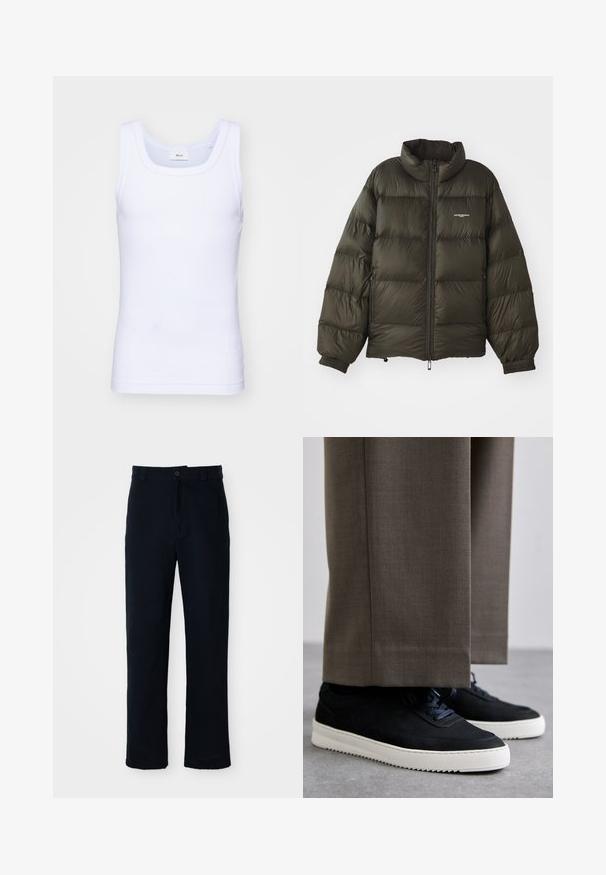 Σκούρο πράσινο μπουφάν puffer με ψηλό γιακά, κλείσιμο με φερμουάρ, ελαστικές μανσέτες και πλαϊνές τσέπες. Διαθέτει επενδυμένη υφή και ελάχιστη επωνυμία.; Λευκό βαμβακερό αμάνικο μπλουζάκι με στρογγυλή λαιμόκοψη, με ομαλή υφή και εφαρμοστή γραμμή, σχεδιασμένο για καθημερινή χρήση.; Κοντό παντελόνι σκούρου μπλε χρώματος, φτιαγμένο από βαμβάκι, με ίσια γραμμή, μπροστινό κλείσιμο με κουμπί και κλασική ζώνη με θηλιές.; Μαύρα σουέντ αθλητικά παπούτσια με λευκές καουτσούκ σόλες, με στρογγυλή μύτη και κορδόνια, φορεμένα με γκρι προσαρμοσμένα παντελόνια.