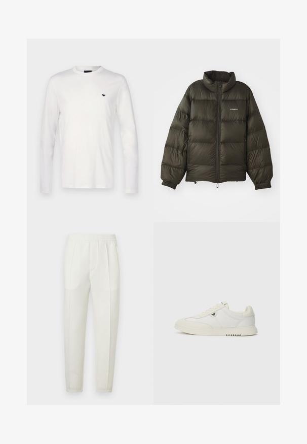 Dark green puffer jacket with a high collar, zip closure, elastic cuffs, and side pockets. Features a quilted texture and minimal branding.; White long-sleeve t-shirt made of cotton with a round neck. Features a small navy logo on the chest. Smooth texture and regular fit.; White slim-fit pants with an elastic waistband, featuring two side pockets and a smooth, slightly shiny texture.; Low-top white sneaker with lace-up front, smooth sole, and small metallic logo on the side, shown against a plain background.