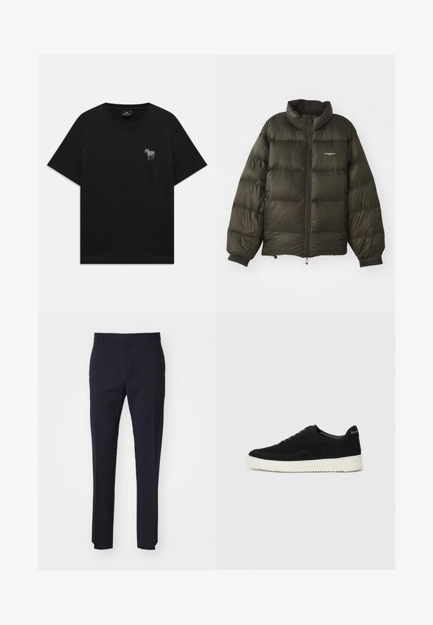 Dark green puffer jacket with a high collar, zip closure, elastic cuffs, and side pockets. Features a quilted texture and minimal branding.; Black short-sleeve T-shirt with a small embroidered white zebra on the left chest and a round neckline.; Navy tailored trousers made of woven fabric, featuring a flat front, belt loops, and straight legs. No visible patterns or hardware.; Black suede sneaker with lace-up design and contrasting white rubber sole. Features textured side panels and subtle branding on the heel.
